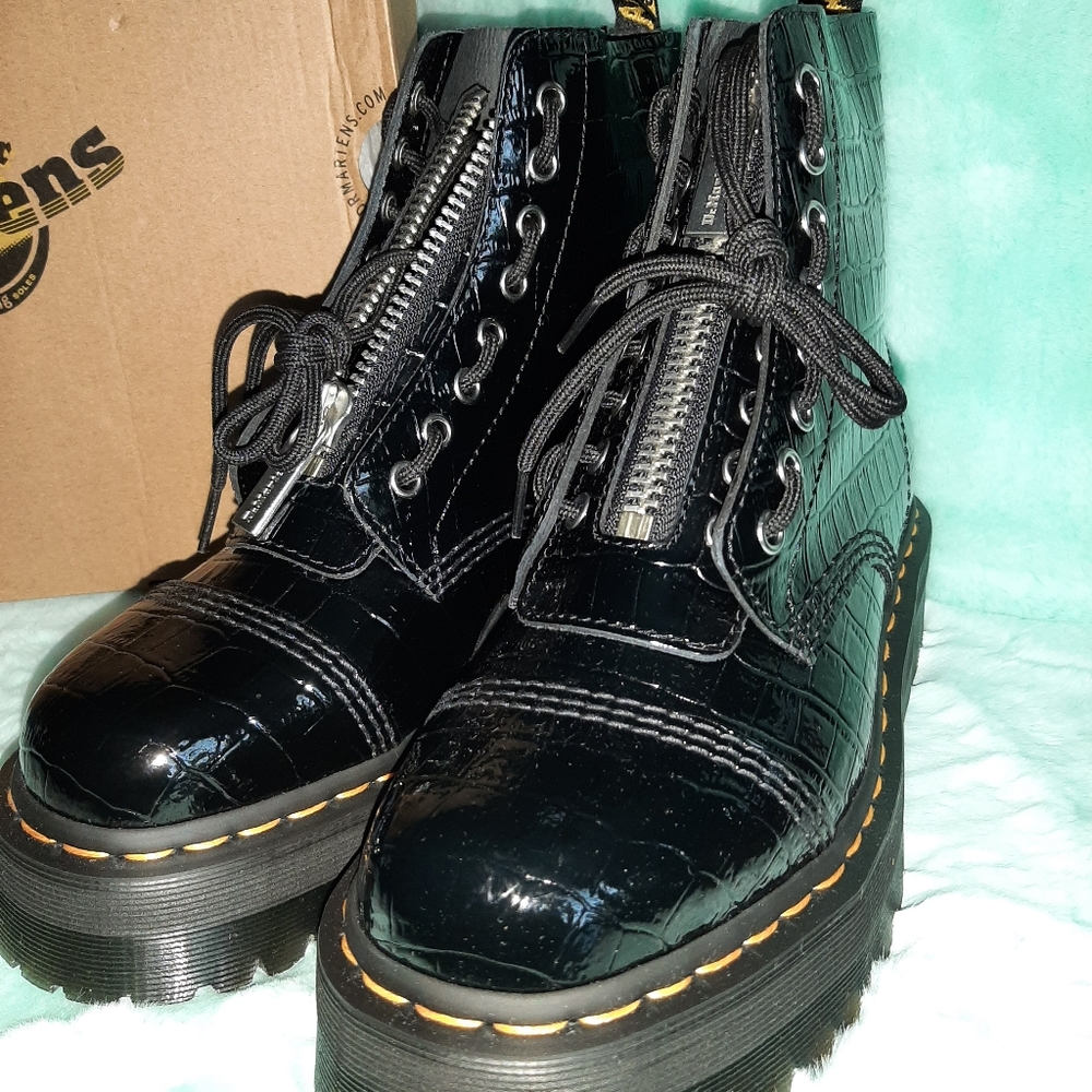 Dr. Martens Black Croc Patent Platform Boots with Yellow Stitching